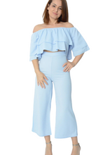 Load image into Gallery viewer, Ladies Blue Bandeau Short Sleeve Top &amp; Cropped Trouser Set

