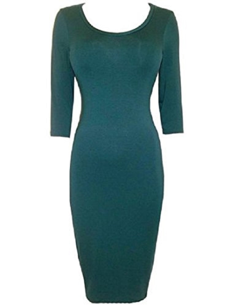 Teal Midi Bodycon Stretchy Jersey Tube 3/4 Sleeve Dress