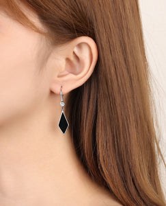 Ladies Sterling Silver Black Enamel Triangle Real Crystal Hook Dangle Earrings