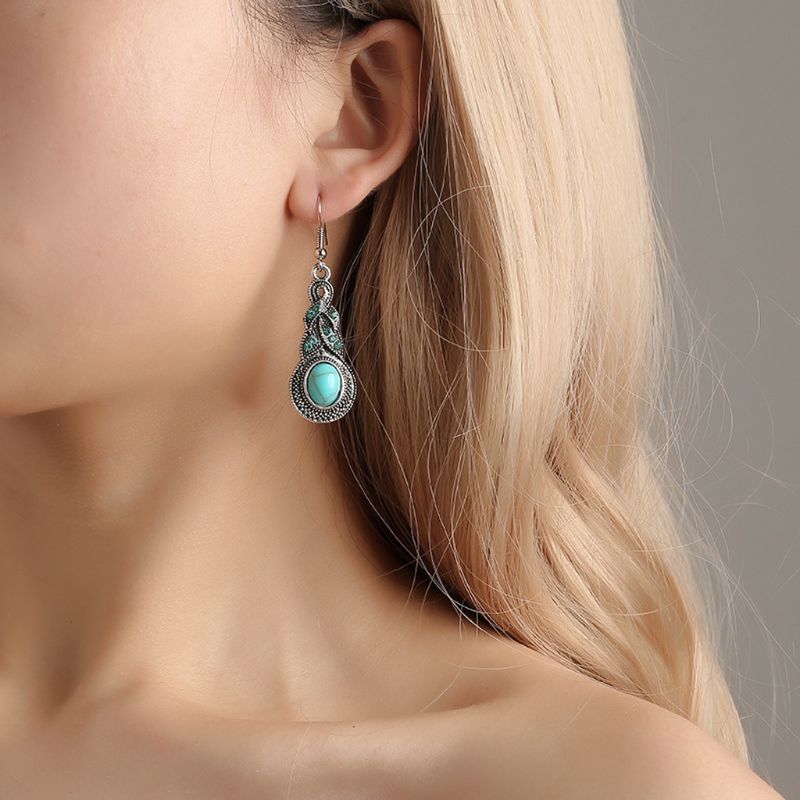Ladies Ethnic Tibetan Silver Turquoise Crystal Dangling Earrings & Necklace set