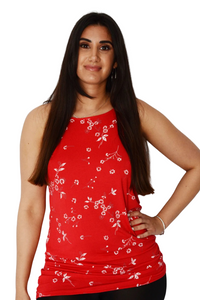Ladies Red Floral Print Soft Jersey Longline Strappy Tops