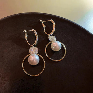Ladies Oversized White Pearl Drop Circle Round Zircon Crystal Dangling Earrings