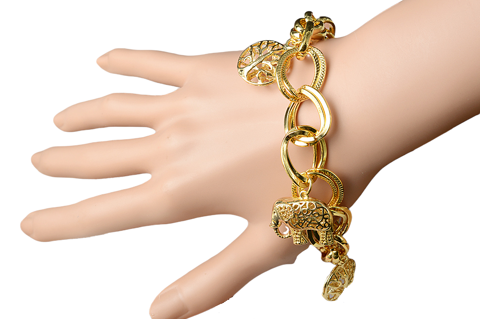 Ladies Gold Chunky Round Link Elephant & Tree of Life Charms Handchain Bracelets