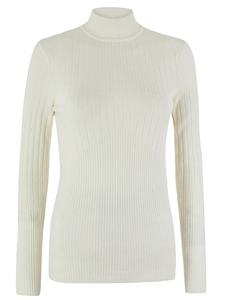 Cream High Neck Wide Ribbed Fitted Buttoned Long Sleeve Jumper