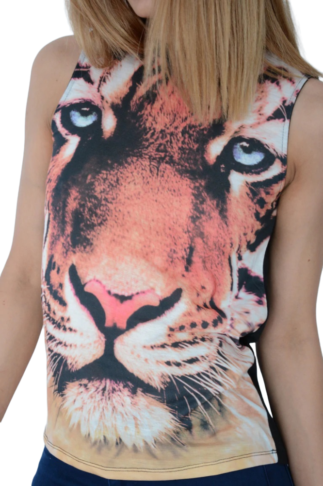 Ladies Black Multi Tiger Print Stretchy Sleeveless Vest Top