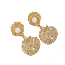 Load image into Gallery viewer, Ladies Gold Starfish Double Shell Inlay Faux Pearl Dangling earrings
