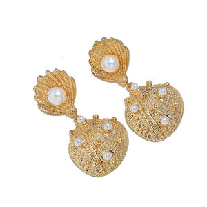 Ladies Gold Starfish Double Shell Inlay Faux Pearl Dangling earrings