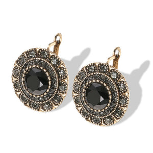 Ladies Vintage Grey Round Antique Gold Black Gemstone Earrings