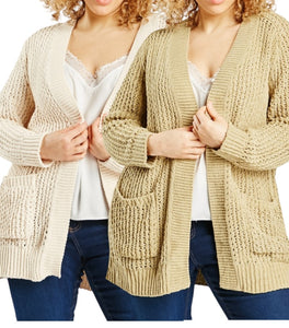 Ladies Chunky Knit Open Flap Collar Neck Front Pocket Cardigan