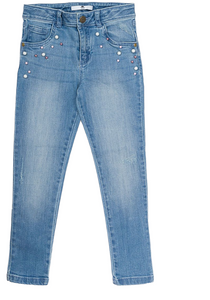 Girls Blue Wash Denim Pearl Embellished Skinny Fit Cotton Rich Stretcy Jeans