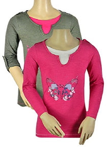 Girls Pink Olive Butterfly Mock Layer Roll Up Sleeves Cotton Tops