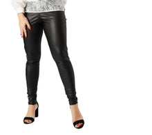 Load image into Gallery viewer, Ladies Black Tall Mid Waist Matte Faux Leather Stretchy Leggings
