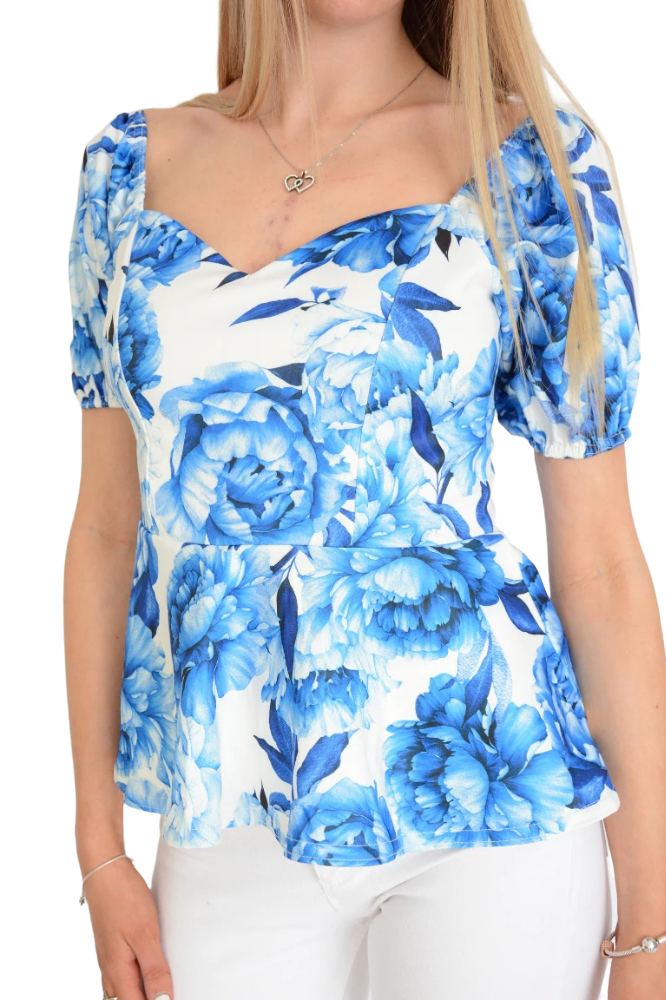Ladies White Blue Floral Print Scuba Peplum Short sleeve Top