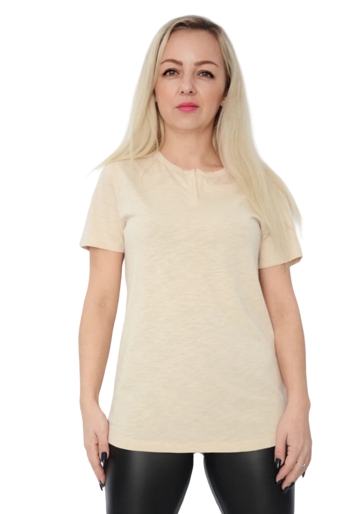 Ladies Beige Front V-Neck Slit Cotton Short Sleeve T-Shirt