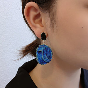 Ladies Blue Vintage Abstract Natural Round Stone Volcanic Rock Dangle Earrings