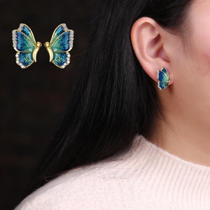 Ladies Green Blue Enamel Butterfly Wings White Crystal Trim Stud Earrings