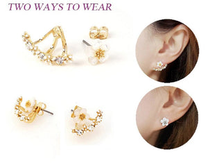 Ladies Double Sided Branch Flower Crystals Stud Earrings