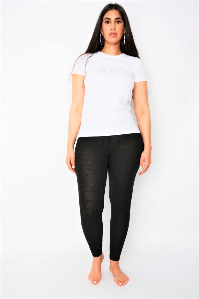 Black Ribbed Mid Rise Stretchy Full Length Leggings