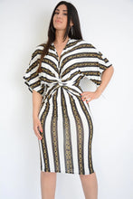 Load image into Gallery viewer, White &amp; Black Stripe Chain Print Twist Wrap Midi Dress
