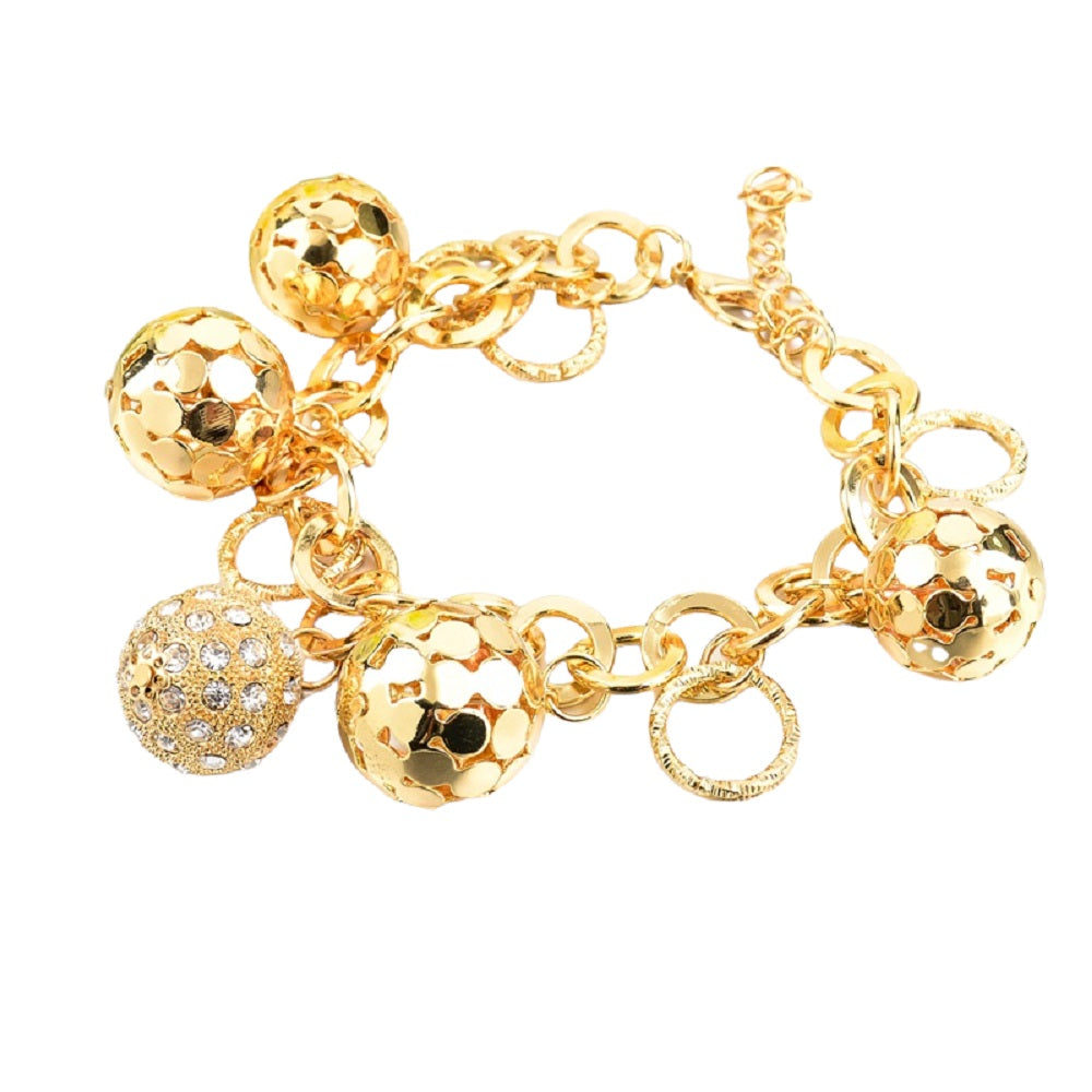 Ladies Gold Chunky Round Link Chain with Hollow Ball Cutout Crystal Bracelets