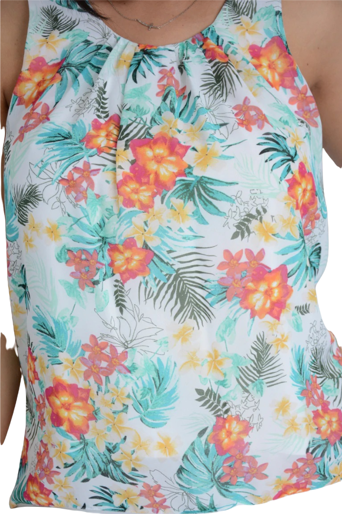 Ladies Ivory Floral Print Chiffon Overlay Fully Lined Sleeveless Top