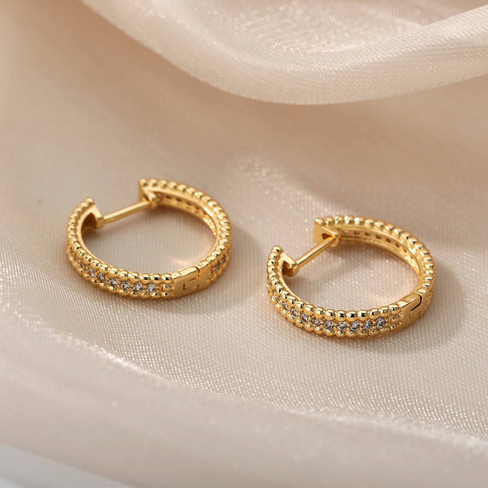 Gold Round Medium Beaded Trim Middle Zircon Creole Hoop Womens Earrings