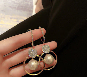 Ladies Oversized White Pearl Drop Circle Round Zircon Crystal Dangling Earrings