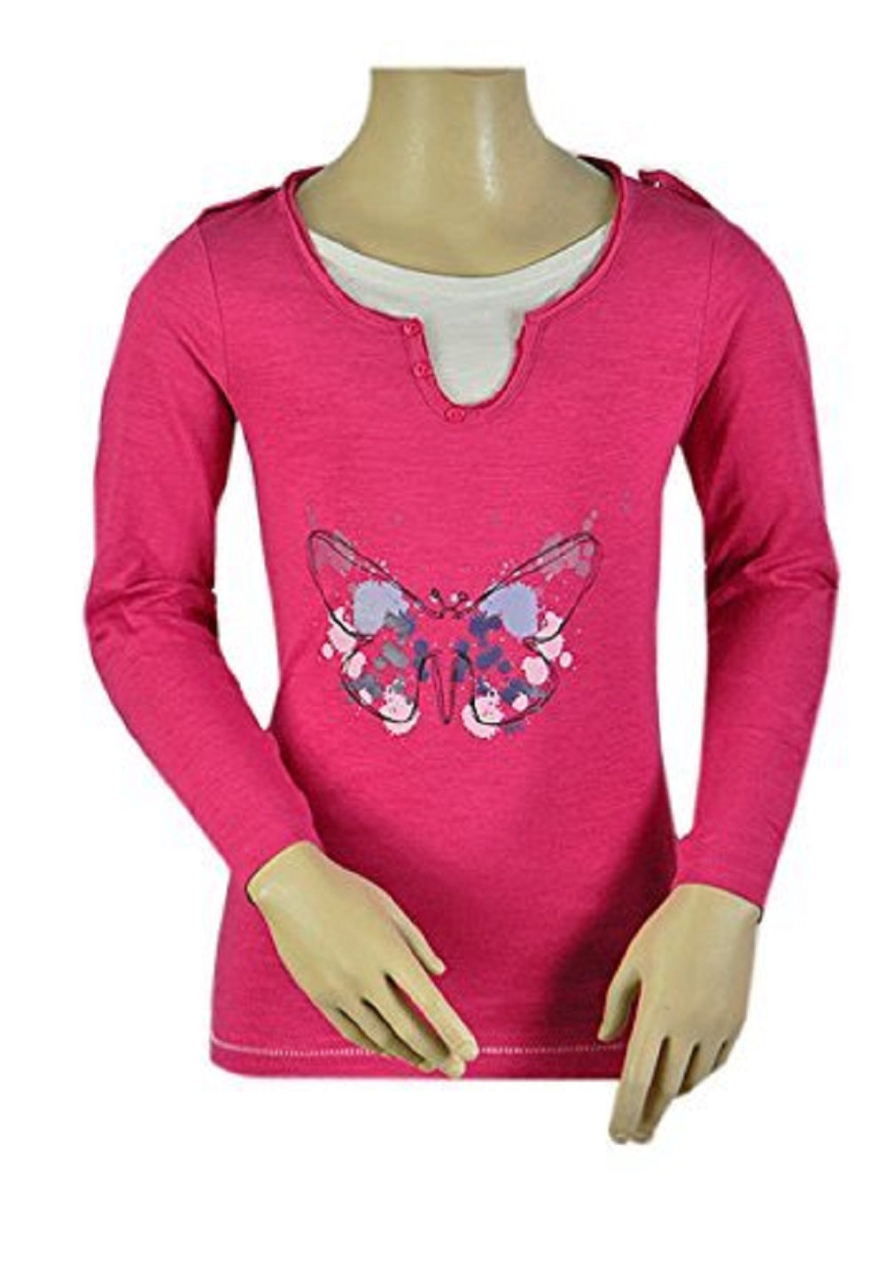 Girls Pink Olive Butterfly Mock Layer Roll Up Sleeves Cotton Tops