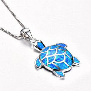Blue Opal Fish Scale Turtle Pendant Silver Link Chain Necklace