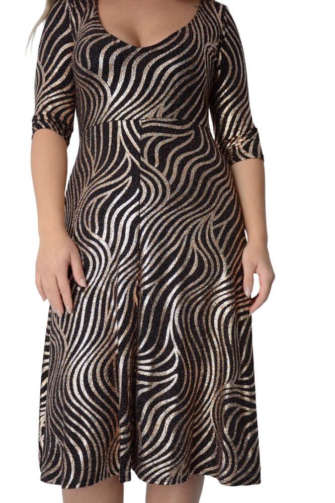 Ladies Bronze Shimmer Fit & Flared Midi 3/4 Sleeve Dress
