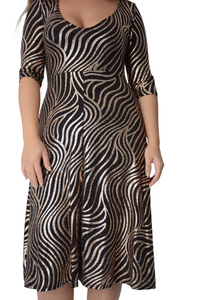 Ladies Bronze Shimmer Fit & Flared Midi 3/4 Sleeve Dress