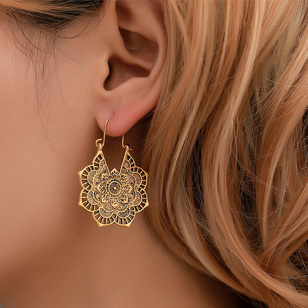 Ladies Gold Vintage Tribal Brass Mandala Bee Flower Cutout Hook Earrings