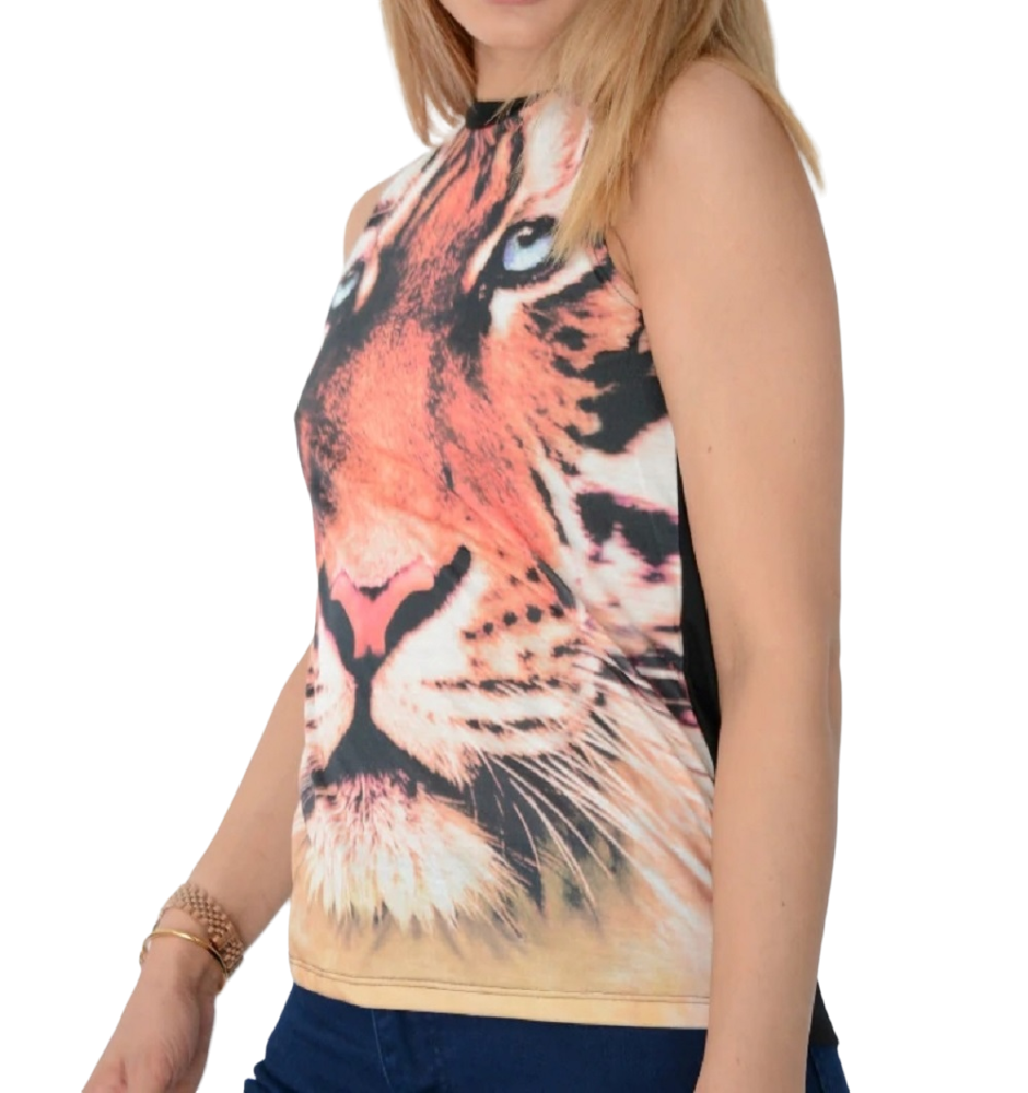 Ladies Black Multi Tiger Print Stretchy Sleeveless Vest Top