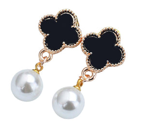 Black Four Leaf Clover Pearl Flower Crystal Dangling Stud Earrings
