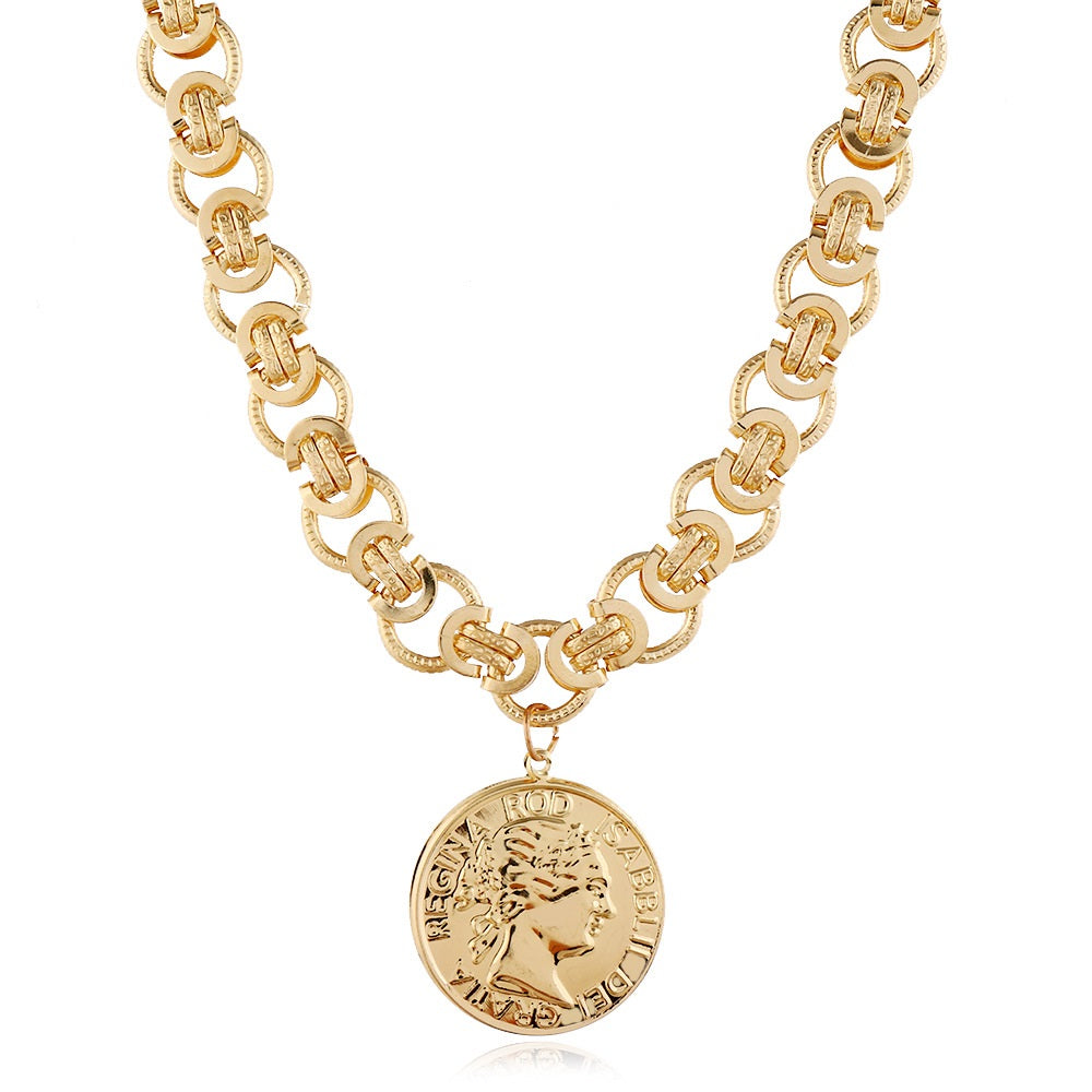 Unisex Gold Retro Round Head Coin Pendant InterLink Chain Necklace
