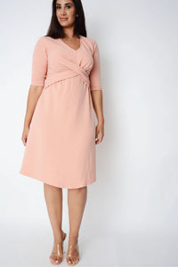Ladies Peach V-Neck Crepe Twist Shift Short Sleeve Dress