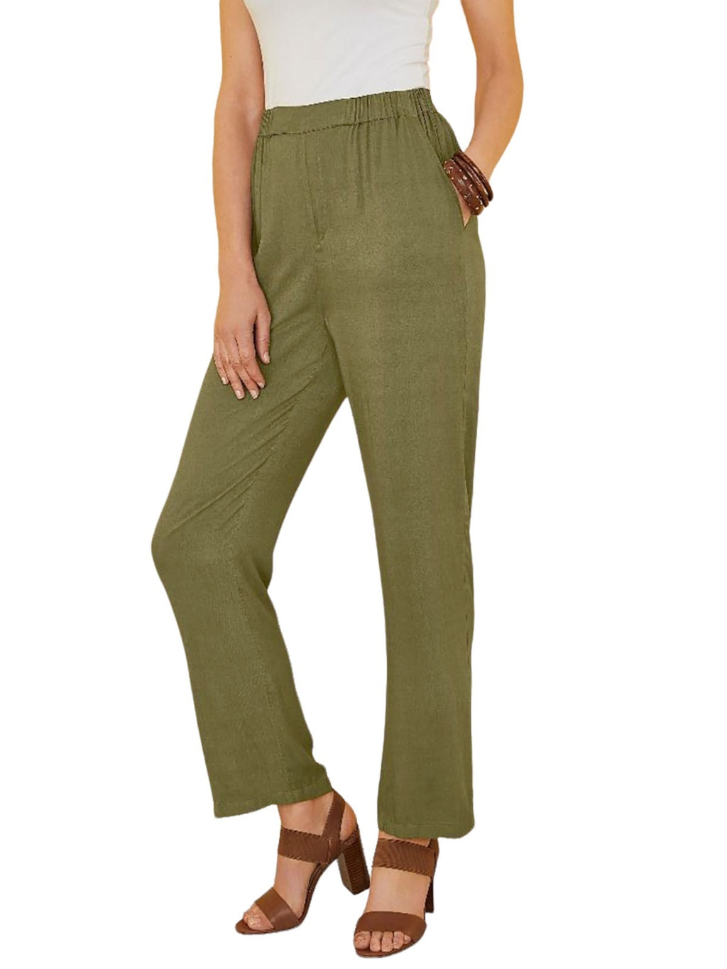 Ladies Lily Ella Khaki Pull On Elasticated Full Length Plus Size Trousers