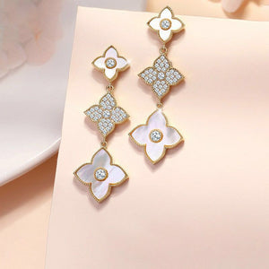 Ladies White Four-Leaf Clover Zircon Crystal Dangling Stud Earrings