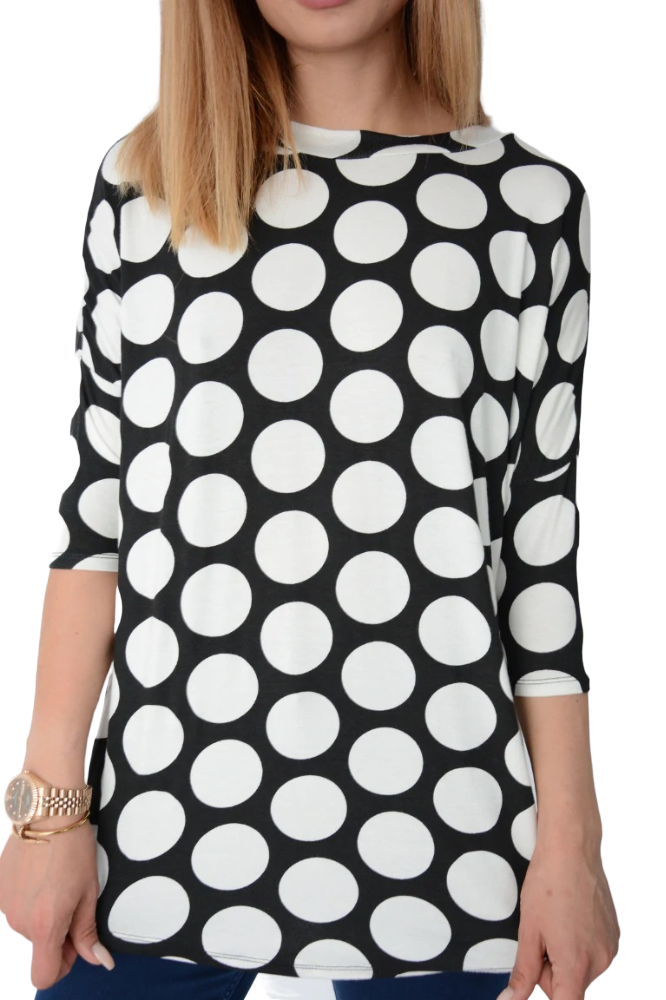 Ladies White & Black Circle Print stretchy Oversize Top