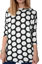 Load image into Gallery viewer, Ladies White &amp; Black Circle Print stretchy Oversize Top
