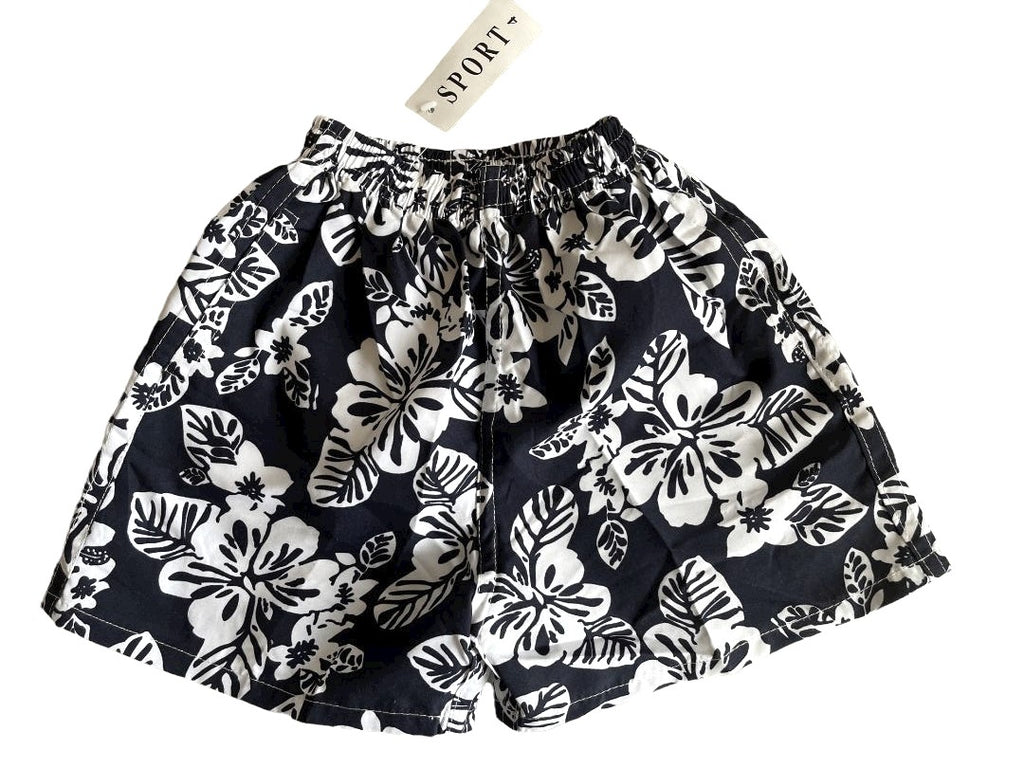 Boys Black & White Sports Large Floral Swimming Shorts