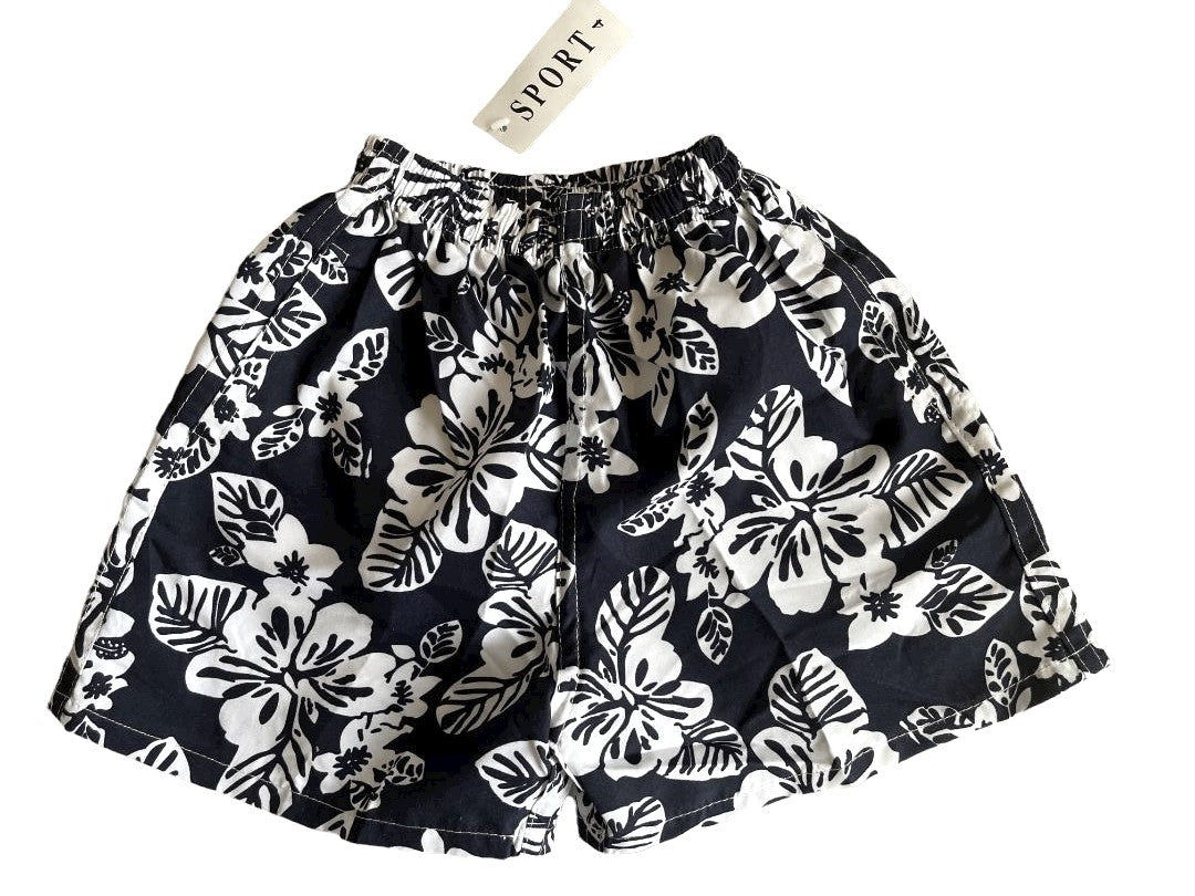 Boys Black & White Sports Large Floral Swimming Shorts