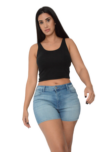 Ladies Indigo Mid Rise Stretchy Cotton Denim Jeans Summer Shorts