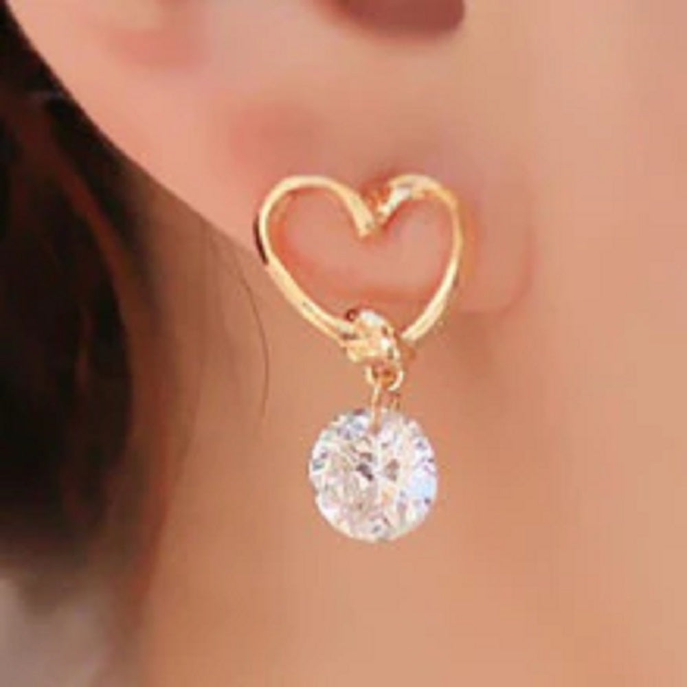 Gold Plated Cutout Heart Round Crystal Zircon Drop Earring