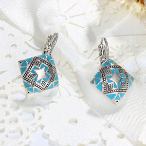 Ladies Silver Blue Enamel Retro Square Dangle Hook Earrings