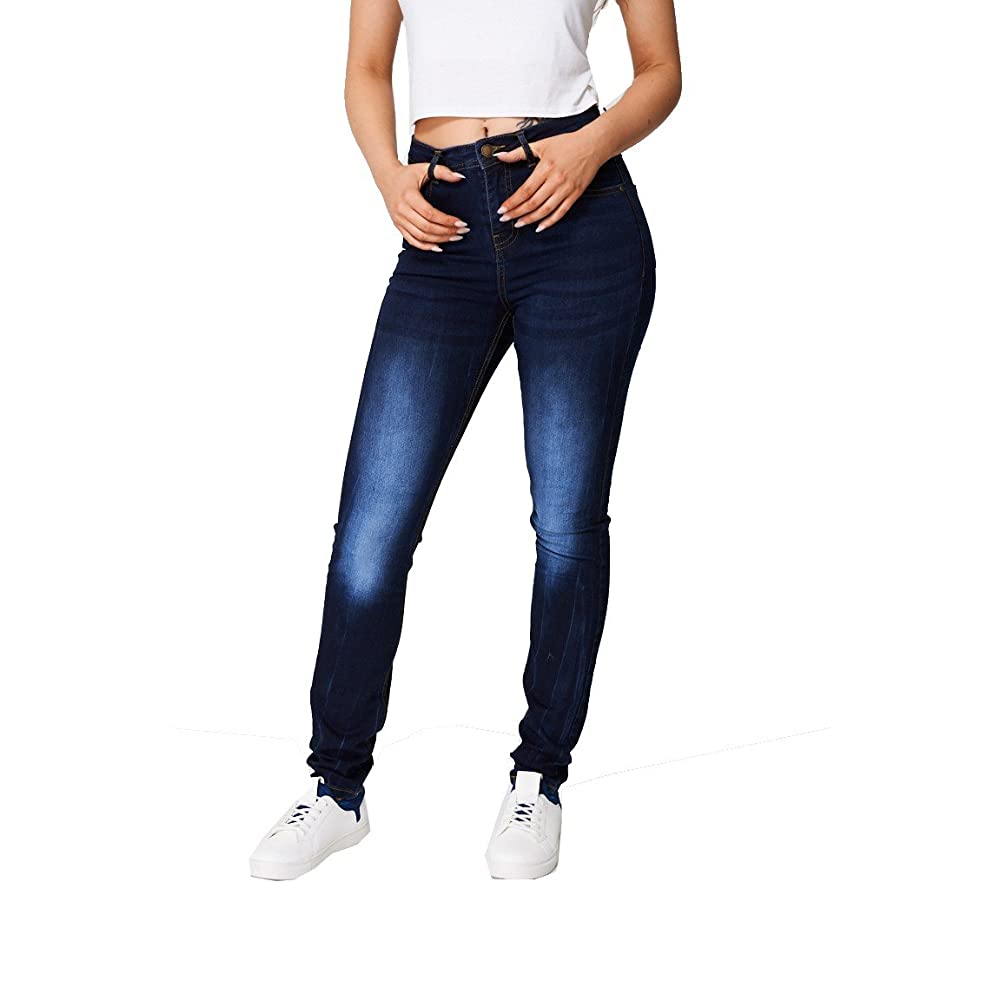 Ladies Indigo Blue Distressed Detail Cotton Rich Denim Stretchy Jeans