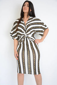 White &amp; Black Stripe Chain Print Twist Wrap Midi Dress