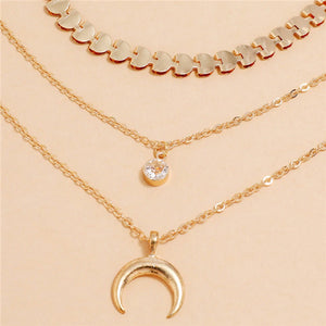 Triple Layer Gold Plated Zircon Moon Pendants Fish Tail Link Necklaces
