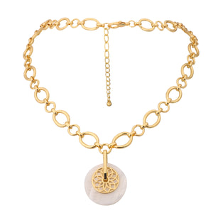 Ladies Gold Plated Round Shell Lotus Pendant Chunky Round Link Chain Necklace