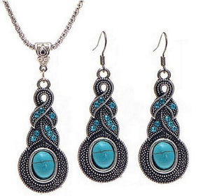 Ladies Ethnic Tibetan Silver Turquoise Crystal Dangling Earrings & Necklace set